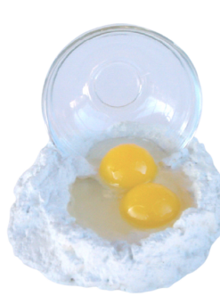 Flour With Eggs Spilling Out Of Bowl realistic fake food prop by FakeFood4U