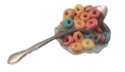 Spilled Fruit Loops With Milk On Spoon realistic fake food prop by FakeFood4U