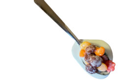 Spilled Fruity Pebbles With Milk On Spoon realistic fake food prop by FakeFood4U