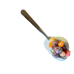 Spilled Fruity Pebbles With Milk On Spoon realistic fake food prop by FakeFood4U