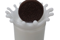 Dropped Cream Filled Cookie In Glass Of Milk With Splash realistic fake food prop by FakeFood4U - view 4